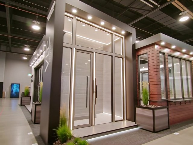 Two-story custom island exhibit with backlit brand wall and cantilevered LED header on the CES show floor