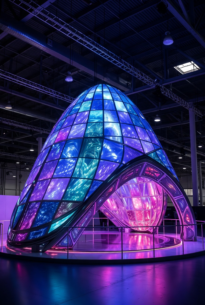 Illuminated dimensional logo header mounted on a custom exhibit