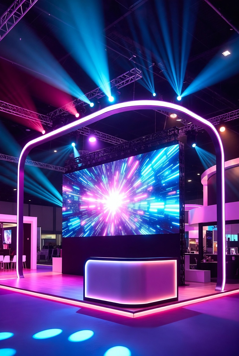 Seamless LED video wall integrated into an exhibit header