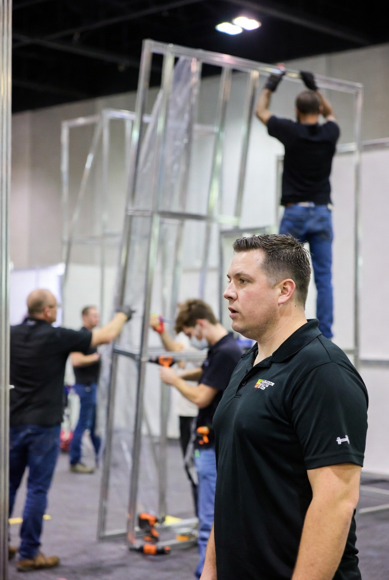 Custom exhibit components crated and staged for freight and storage